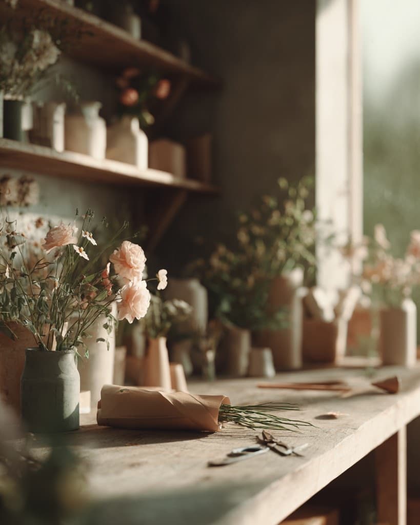 Blumenwerkbank im Atelier